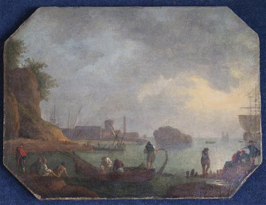 18th century Italian School Figures in a coastal landscape 12 x 16in., unframed